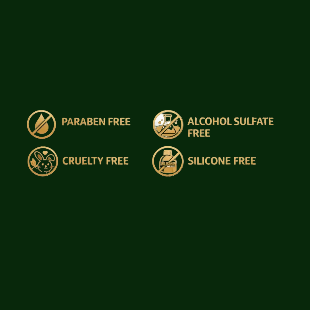 Certification icons for paraben, alcohol sulfate, cruelty, and silicone free on a green background.